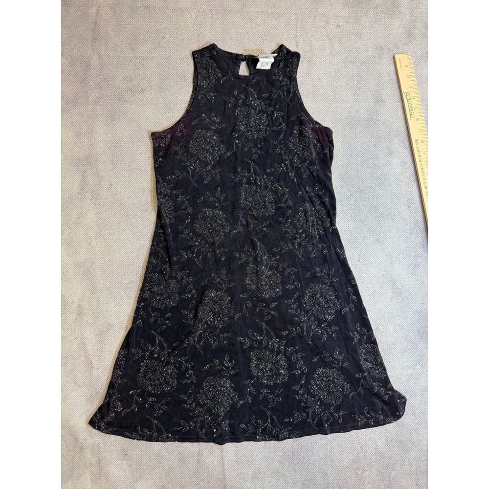 Jalate Limited Vintage 90s Black Holographic Glitter Floral Shift Dress Medium